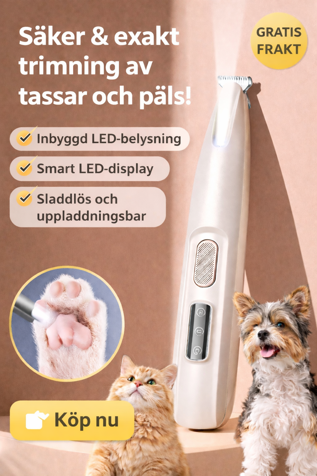 Smidig trimmer för hund & katt - LED ljus, tyst drift, vattentät för enkel pälsvård hemma